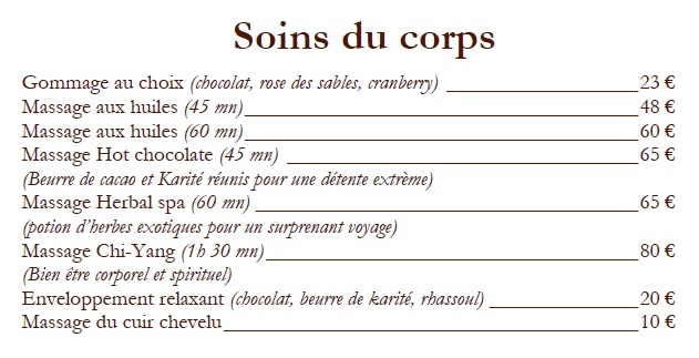 Tarifs soins du corps